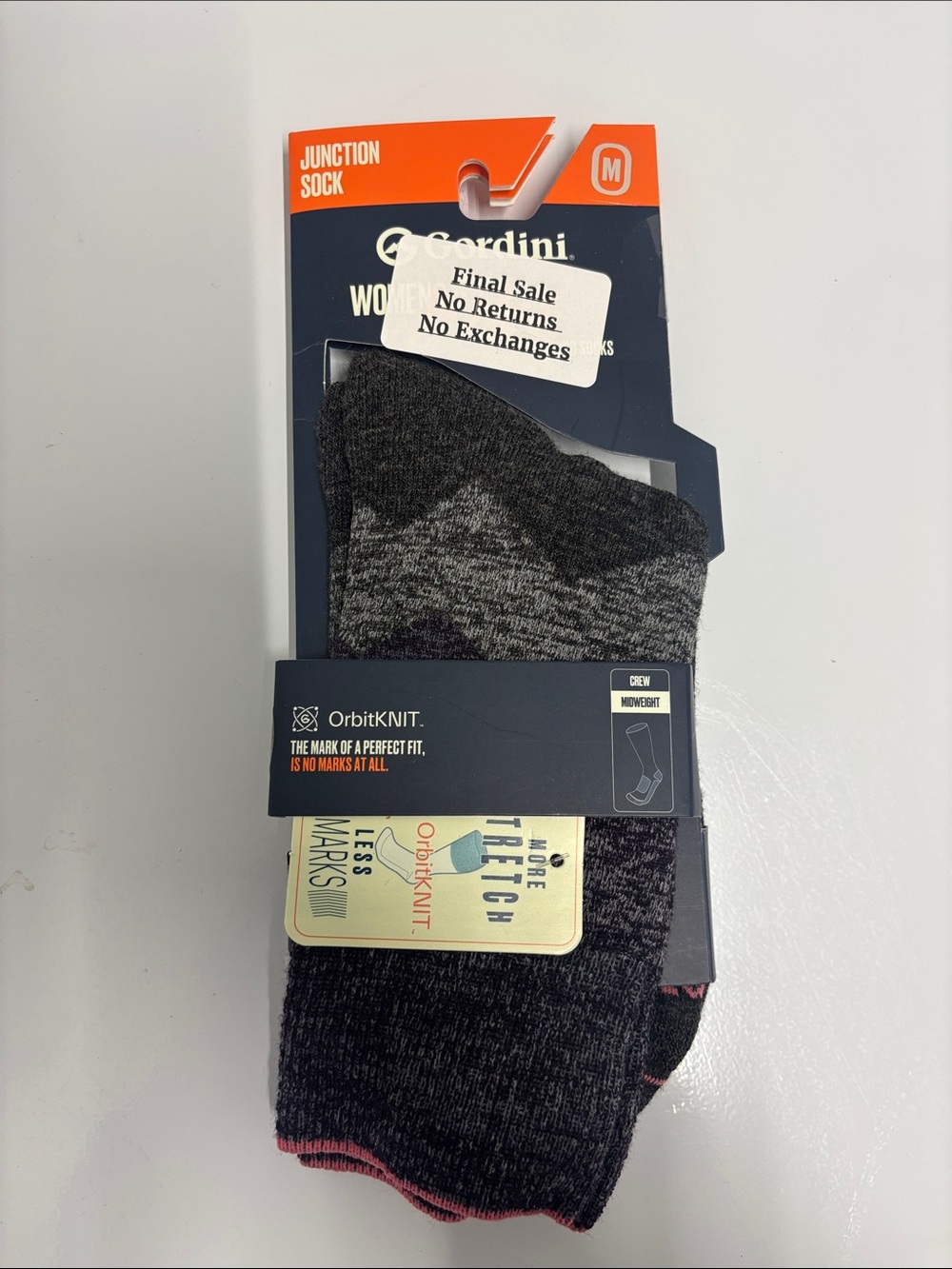 Gordini Women’s Junction sock crew midweight pink and grey size medium NWT